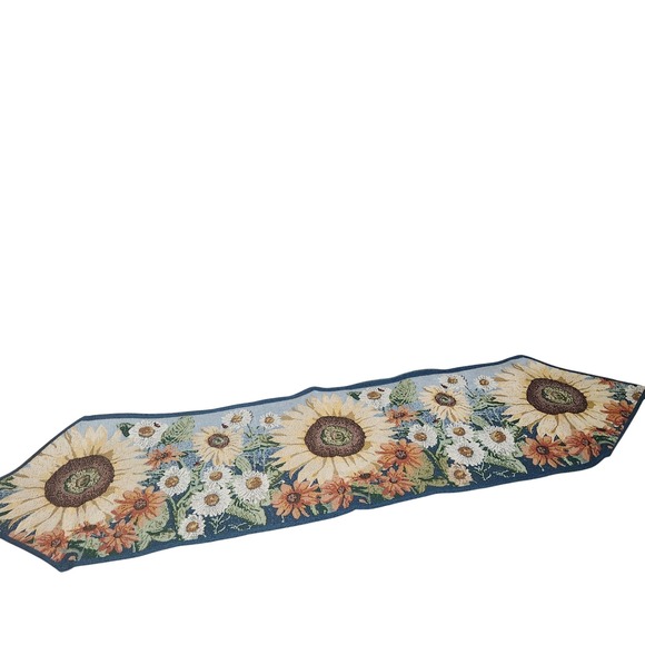 Other - Tapestry Table Runner Sunflowers Daisies Blue Floral Accent Home Decor‎